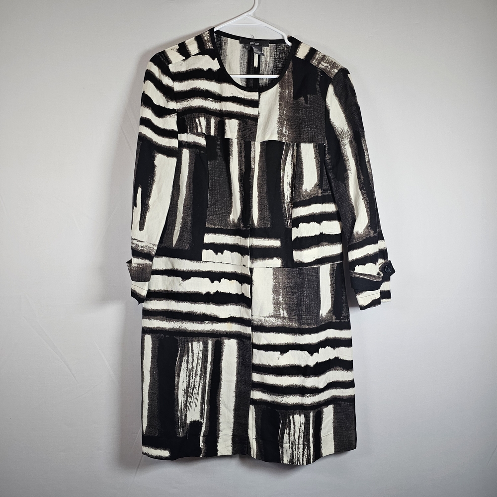 Per Se Sz 12 Abstract Long Jacket Blazer Snap Button‎ Silk Linen Blend Pockets